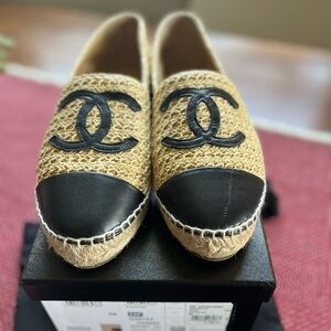 Authentic Chanel Espadrilles Braided Fabric & Lambskin Beige & Black